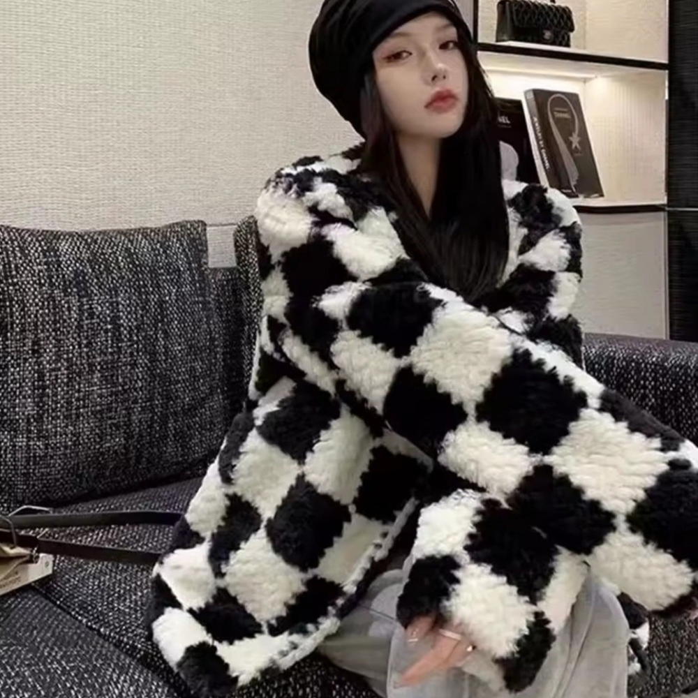Womens Checkerboard Faux Fur Jacket Checkered Coat
